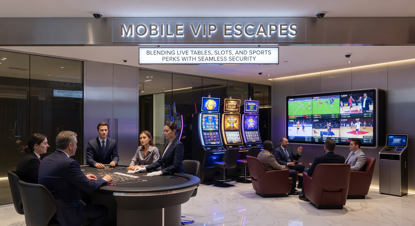 VIP-Nutzer tippt auf Smartphone-Bildschirm mit Slots, Live-Dealern und Sportwetten-Overlay, während Sicherheits-Features wie Face-ID und Blockchain-Symbole leuchten